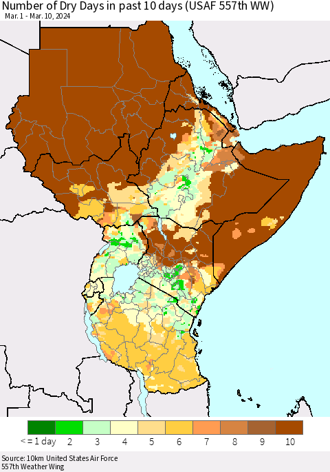 Eastern Africa Number of Dry Days in past 10 days (USAF 557th WW) Thematic Map For 3/6/2024 - 3/10/2024