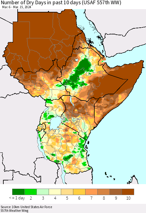 Eastern Africa Number of Dry Days in past 10 days (USAF 557th WW) Thematic Map For 3/11/2024 - 3/15/2024