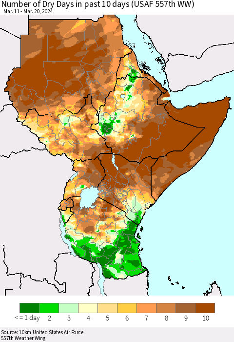 Eastern Africa Number of Dry Days in past 10 days (USAF 557th WW) Thematic Map For 3/16/2024 - 3/20/2024