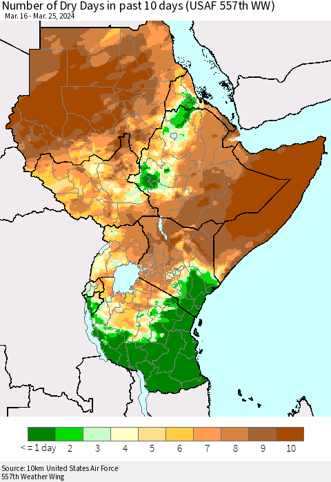 Eastern Africa Number of Dry Days in past 10 days (USAF 557th WW) Thematic Map For 3/21/2024 - 3/25/2024
