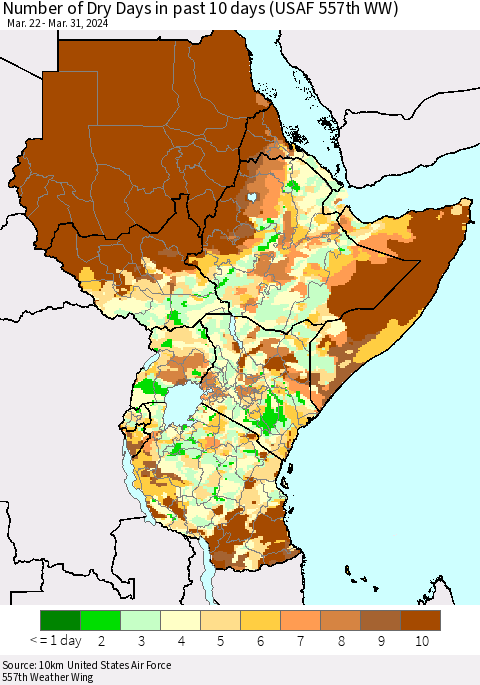 Eastern Africa Number of Dry Days in past 10 days (USAF 557th WW) Thematic Map For 3/26/2024 - 3/31/2024