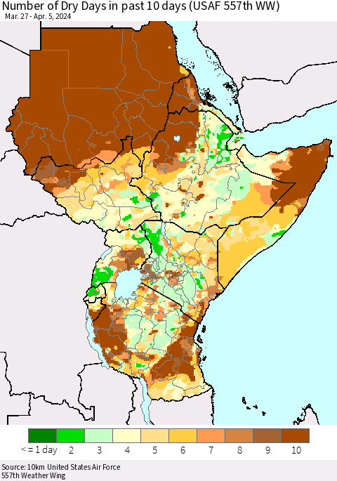 Eastern Africa Number of Dry Days in past 10 days (USAF 557th WW) Thematic Map For 4/1/2024 - 4/5/2024