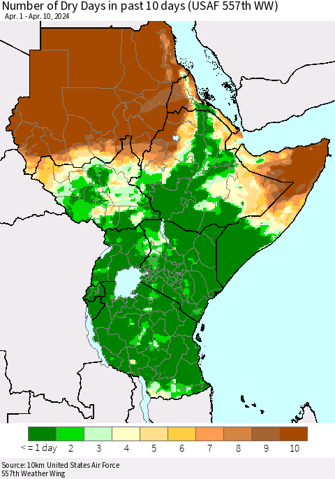 Eastern Africa Number of Dry Days in past 10 days (USAF 557th WW) Thematic Map For 4/6/2024 - 4/10/2024