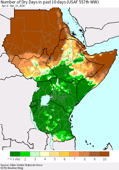 Eastern Africa Number of Dry Days in past 10 days (USAF 557th WW) Thematic Map For 4/11/2024 - 4/15/2024