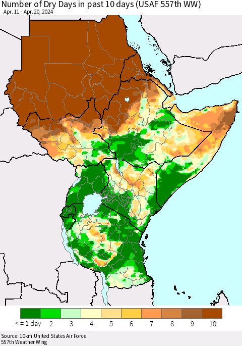 Eastern Africa Number of Dry Days in past 10 days (USAF 557th WW) Thematic Map For 4/16/2024 - 4/20/2024