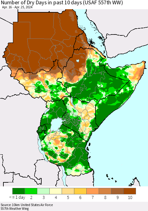 Eastern Africa Number of Dry Days in past 10 days (USAF 557th WW) Thematic Map For 4/21/2024 - 4/25/2024