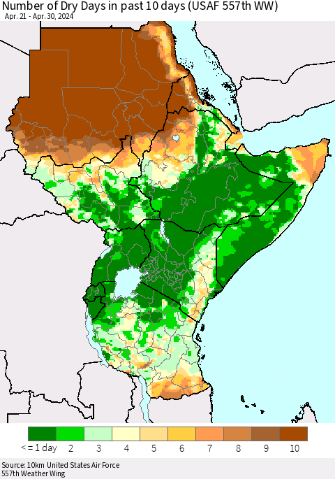 Eastern Africa Number of Dry Days in past 10 days (USAF 557th WW) Thematic Map For 4/26/2024 - 4/30/2024