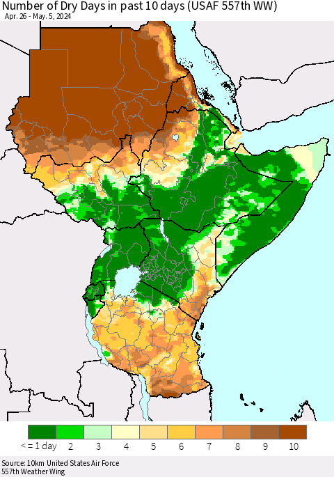 Eastern Africa Number of Dry Days in past 10 days (USAF 557th WW) Thematic Map For 5/1/2024 - 5/5/2024