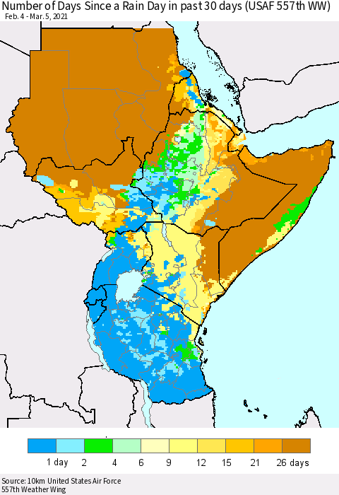 Eastern Africa Number of Days Since a Rain Day in past 30 days (USAF 557th WW) Thematic Map For 3/1/2021 - 3/5/2021