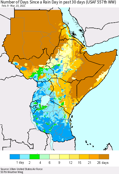 Eastern Africa Number of Days Since a Rain Day in past 30 days (USAF 557th WW) Thematic Map For 3/6/2021 - 3/10/2021