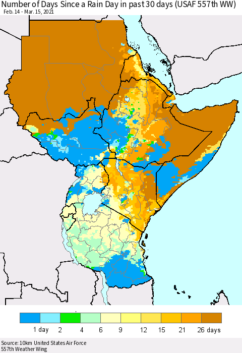 Eastern Africa Number of Days Since a Rain Day in past 30 days (USAF 557th WW) Thematic Map For 3/11/2021 - 3/15/2021