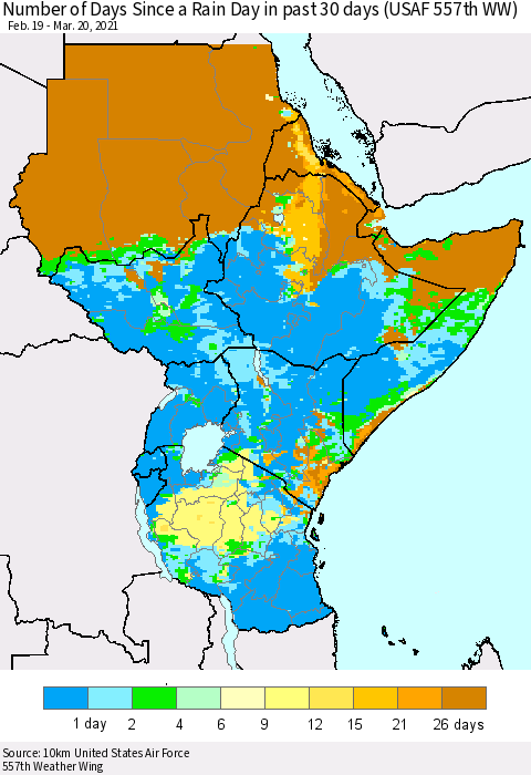 Eastern Africa Number of Days Since a Rain Day in past 30 days (USAF 557th WW) Thematic Map For 3/16/2021 - 3/20/2021