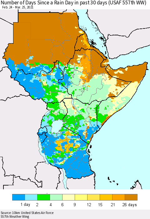 Eastern Africa Number of Days Since a Rain Day in past 30 days (USAF 557th WW) Thematic Map For 3/21/2021 - 3/25/2021