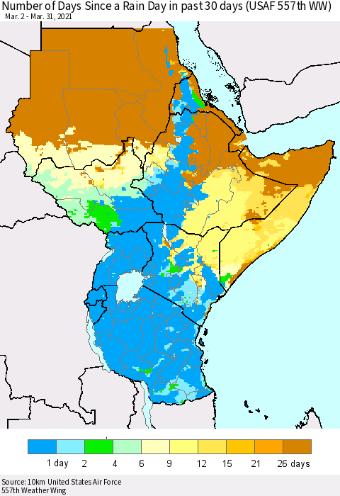 Eastern Africa Number of Days Since a Rain Day in past 30 days (USAF 557th WW) Thematic Map For 3/26/2021 - 3/31/2021