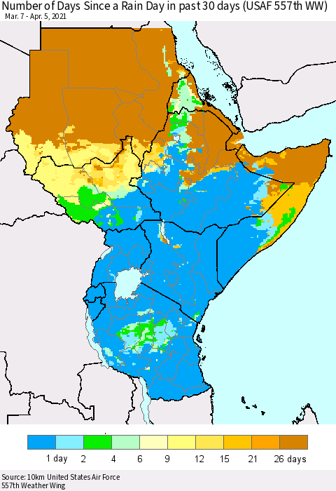 Eastern Africa Number of Days Since a Rain Day in past 30 days (USAF 557th WW) Thematic Map For 4/1/2021 - 4/5/2021