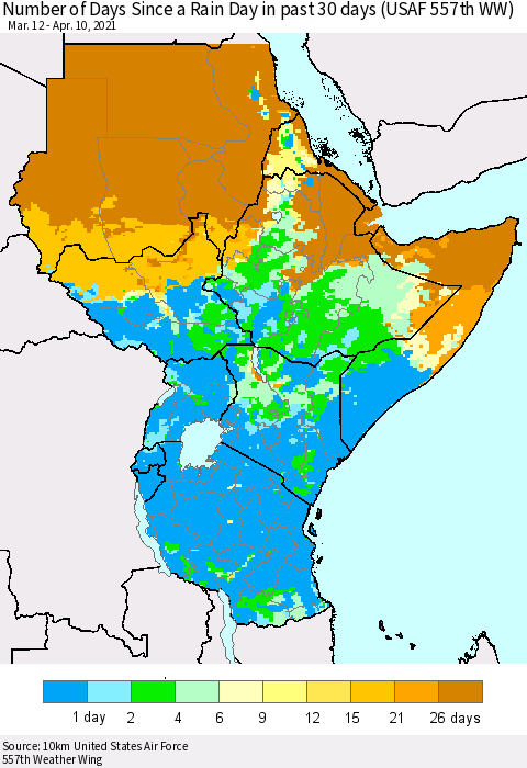 Eastern Africa Number of Days Since a Rain Day in past 30 days (USAF 557th WW) Thematic Map For 4/6/2021 - 4/10/2021