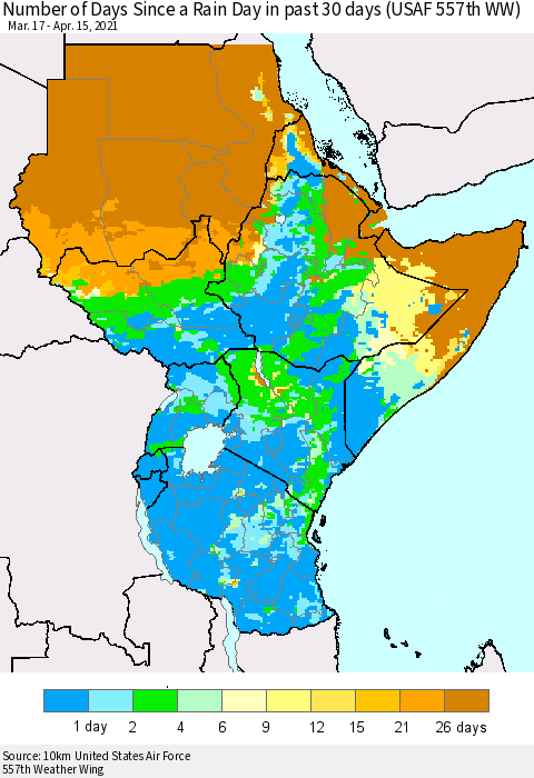 Eastern Africa Number of Days Since a Rain Day in past 30 days (USAF 557th WW) Thematic Map For 4/11/2021 - 4/15/2021