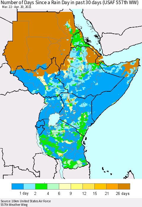 Eastern Africa Number of Days Since a Rain Day in past 30 days (USAF 557th WW) Thematic Map For 4/16/2021 - 4/20/2021