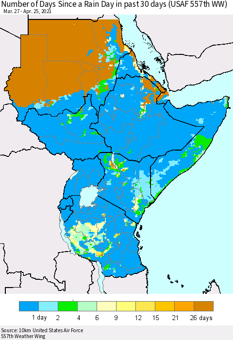 Eastern Africa Number of Days Since a Rain Day in past 30 days (USAF 557th WW) Thematic Map For 4/21/2021 - 4/25/2021