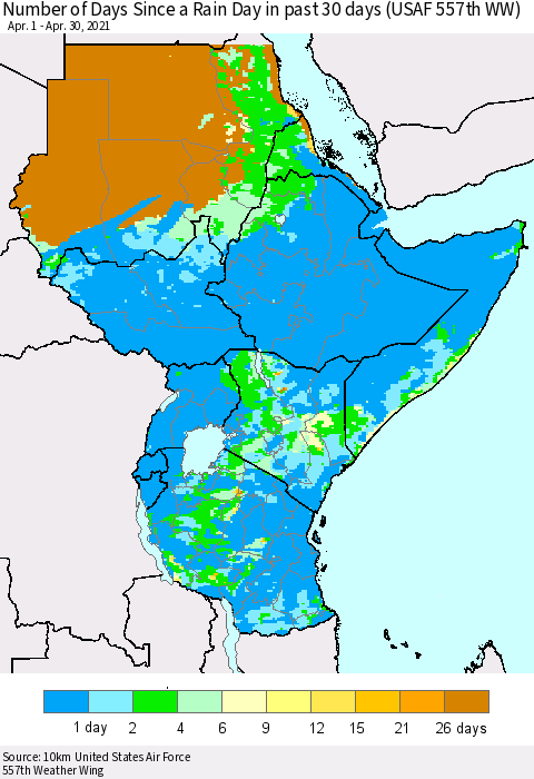 Eastern Africa Number of Days Since a Rain Day in past 30 days (USAF 557th WW) Thematic Map For 4/26/2021 - 4/30/2021