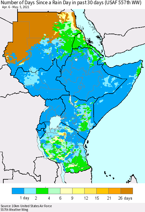 Eastern Africa Number of Days Since a Rain Day in past 30 days (USAF 557th WW) Thematic Map For 5/1/2021 - 5/5/2021