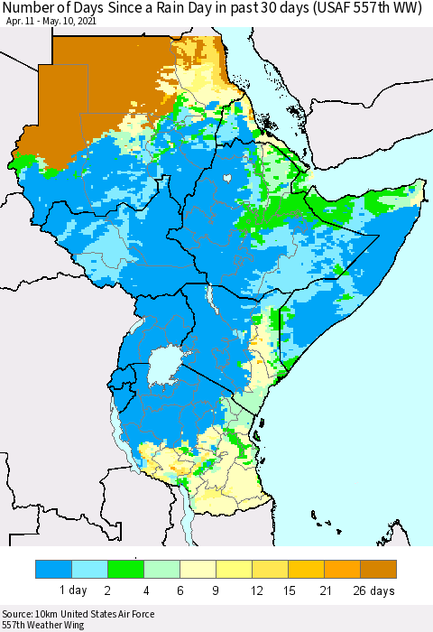 Eastern Africa Number of Days Since a Rain Day in past 30 days (USAF 557th WW) Thematic Map For 5/6/2021 - 5/10/2021
