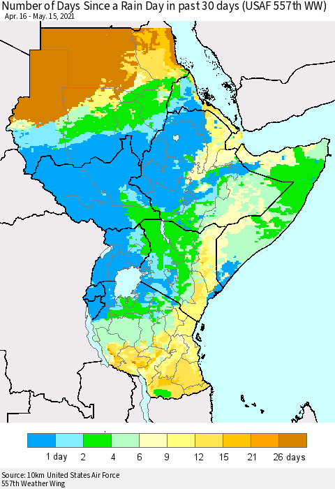 Eastern Africa Number of Days Since a Rain Day in past 30 days (USAF 557th WW) Thematic Map For 5/11/2021 - 5/15/2021