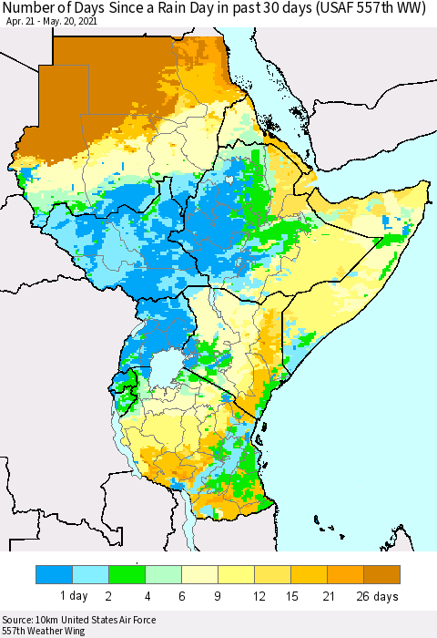 Eastern Africa Number of Days Since a Rain Day in past 30 days (USAF 557th WW) Thematic Map For 5/16/2021 - 5/20/2021