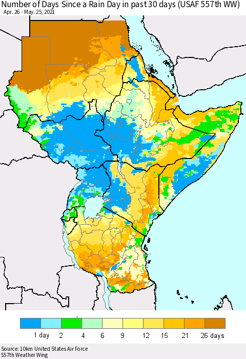 Eastern Africa Number of Days Since a Rain Day in past 30 days (USAF 557th WW) Thematic Map For 5/21/2021 - 5/25/2021