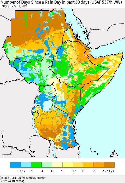 Eastern Africa Number of Days Since a Rain Day in past 30 days (USAF 557th WW) Thematic Map For 5/26/2021 - 5/31/2021