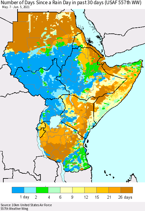 Eastern Africa Number of Days Since a Rain Day in past 30 days (USAF 557th WW) Thematic Map For 6/1/2021 - 6/5/2021