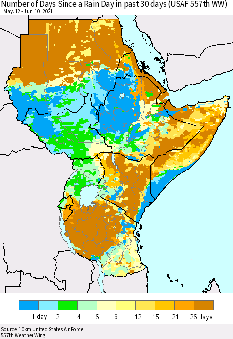 Eastern Africa Number of Days Since a Rain Day in past 30 days (USAF 557th WW) Thematic Map For 6/6/2021 - 6/10/2021