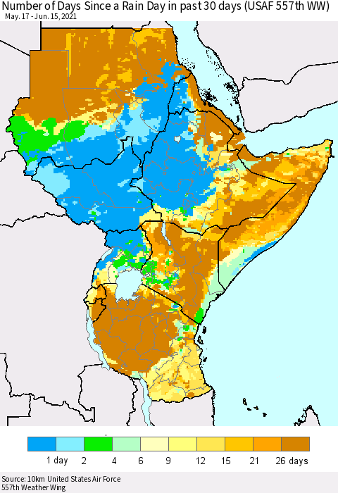 Eastern Africa Number of Days Since a Rain Day in past 30 days (USAF 557th WW) Thematic Map For 6/11/2021 - 6/15/2021