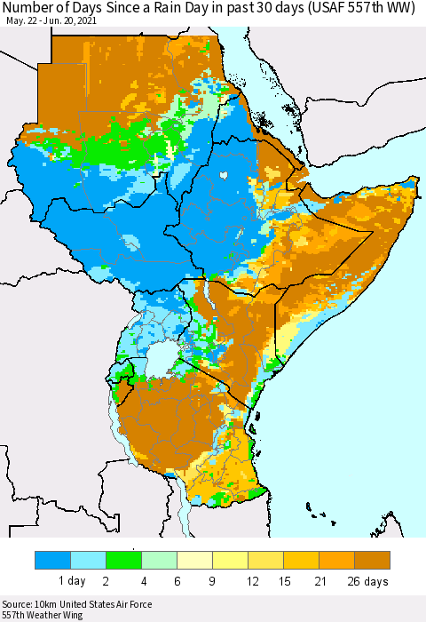 Eastern Africa Number of Days Since a Rain Day in past 30 days (USAF 557th WW) Thematic Map For 6/16/2021 - 6/20/2021