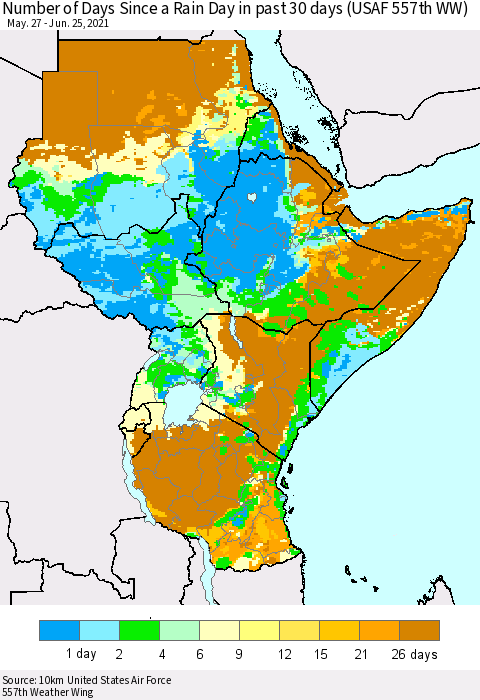 Eastern Africa Number of Days Since a Rain Day in past 30 days (USAF 557th WW) Thematic Map For 6/21/2021 - 6/25/2021