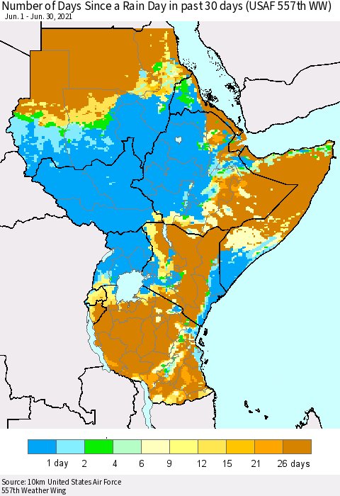 Eastern Africa Number of Days Since a Rain Day in past 30 days (USAF 557th WW) Thematic Map For 6/26/2021 - 6/30/2021
