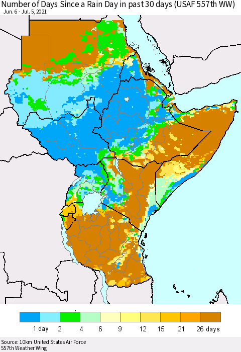 Eastern Africa Number of Days Since a Rain Day in past 30 days (USAF 557th WW) Thematic Map For 7/1/2021 - 7/5/2021