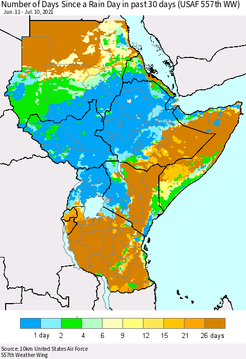 Eastern Africa Number of Days Since a Rain Day in past 30 days (USAF 557th WW) Thematic Map For 7/6/2021 - 7/10/2021