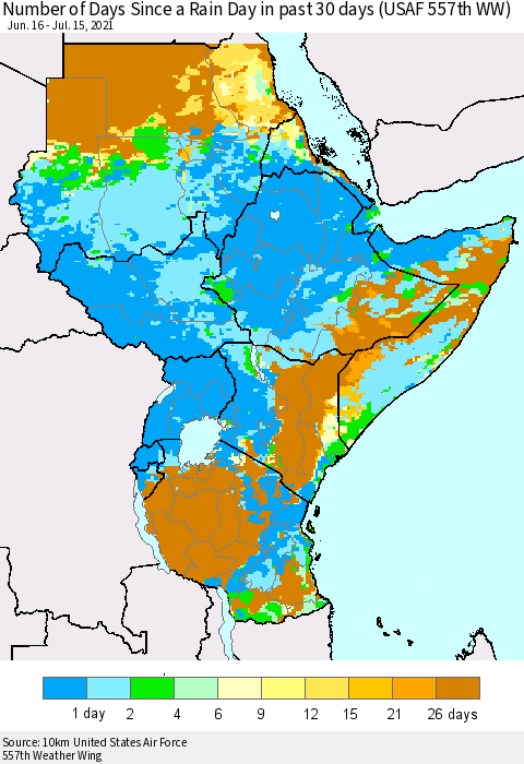 Eastern Africa Number of Days Since a Rain Day in past 30 days (USAF 557th WW) Thematic Map For 7/11/2021 - 7/15/2021