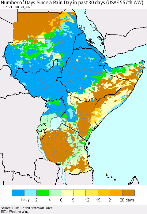 Eastern Africa Number of Days Since a Rain Day in past 30 days (USAF 557th WW) Thematic Map For 7/16/2021 - 7/20/2021
