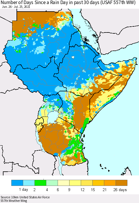 Eastern Africa Number of Days Since a Rain Day in past 30 days (USAF 557th WW) Thematic Map For 7/21/2021 - 7/25/2021