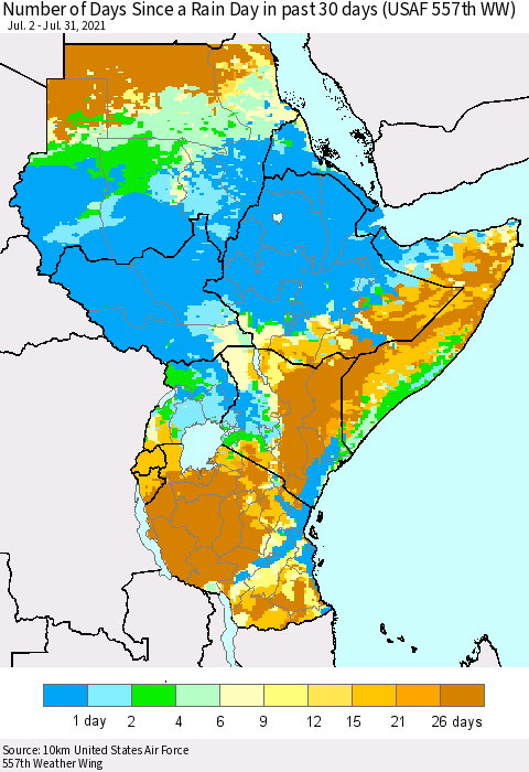 Eastern Africa Number of Days Since a Rain Day in past 30 days (USAF 557th WW) Thematic Map For 7/26/2021 - 7/31/2021