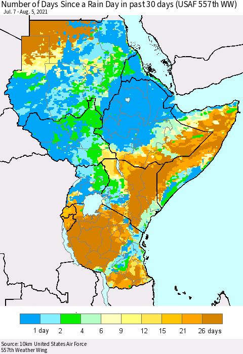 Eastern Africa Number of Days Since a Rain Day in past 30 days (USAF 557th WW) Thematic Map For 8/1/2021 - 8/5/2021