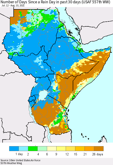 Eastern Africa Number of Days Since a Rain Day in past 30 days (USAF 557th WW) Thematic Map For 8/6/2021 - 8/10/2021