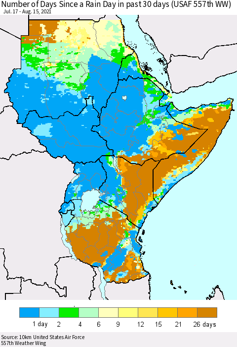 Eastern Africa Number of Days Since a Rain Day in past 30 days (USAF 557th WW) Thematic Map For 8/11/2021 - 8/15/2021