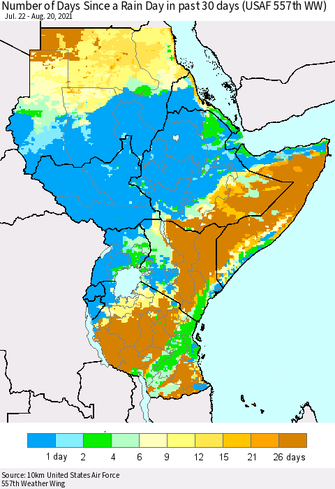 Eastern Africa Number of Days Since a Rain Day in past 30 days (USAF 557th WW) Thematic Map For 8/16/2021 - 8/20/2021