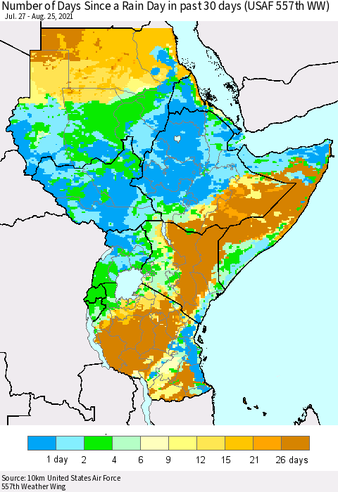 Eastern Africa Number of Days Since a Rain Day in past 30 days (USAF 557th WW) Thematic Map For 8/21/2021 - 8/25/2021