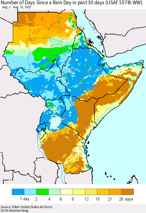 Eastern Africa Number of Days Since a Rain Day in past 30 days (USAF 557th WW) Thematic Map For 8/26/2021 - 8/31/2021