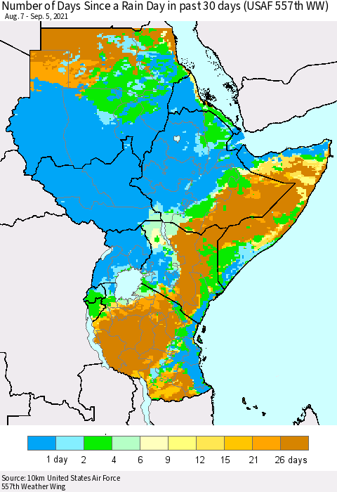 Eastern Africa Number of Days Since a Rain Day in past 30 days (USAF 557th WW) Thematic Map For 9/1/2021 - 9/5/2021