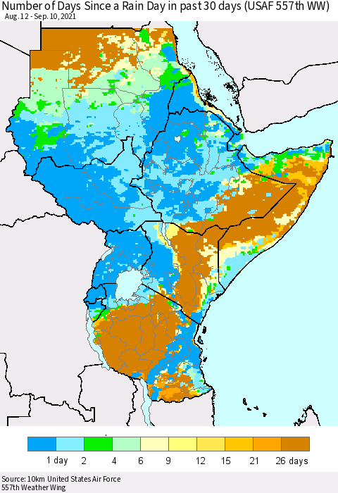 Eastern Africa Number of Days Since a Rain Day in past 30 days (USAF 557th WW) Thematic Map For 9/6/2021 - 9/10/2021